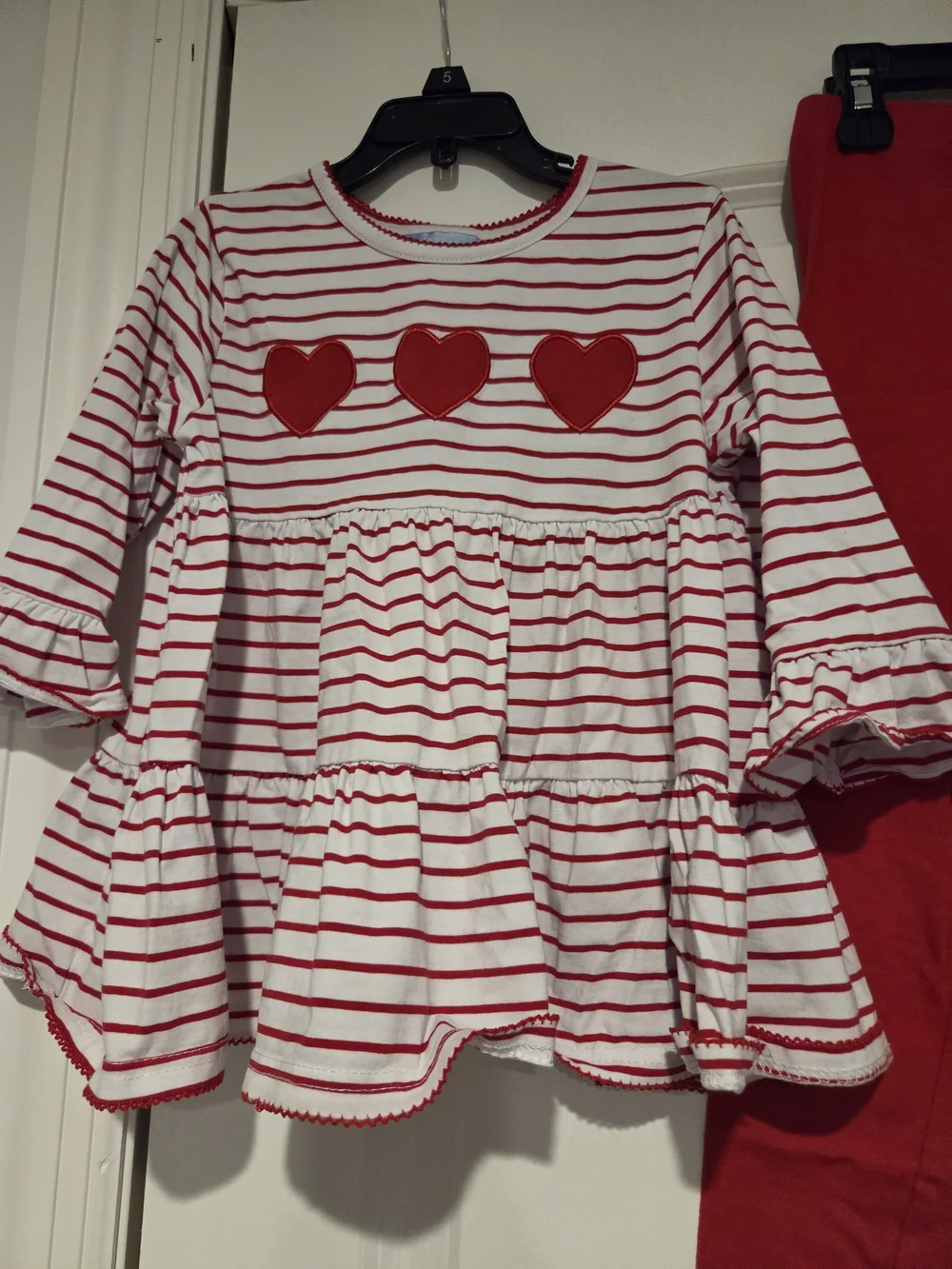 Girls Red & White Heart Stripe Top with Red Leggings - Classic Whimsy